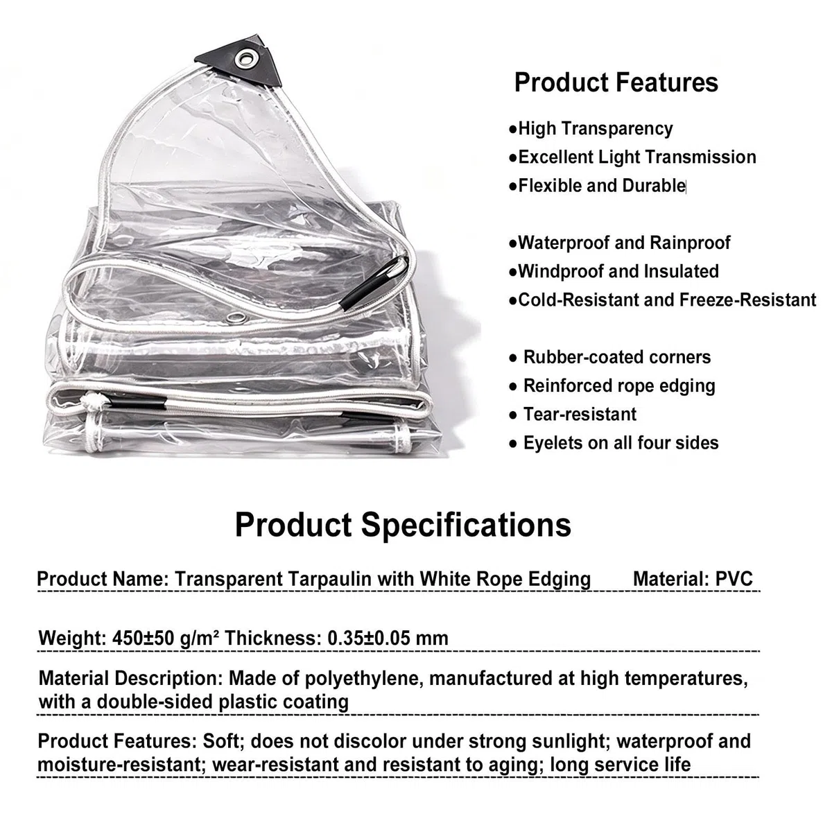 1x2m Plane Transparent mit Ösen 450g/m² PVC für Outdoor Terrasse Reißfest