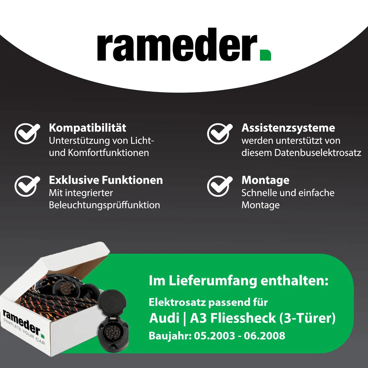 Anhängerkupplung abnehmbar Westfalia passend für Audi A3 Fliessheck (3-Türer) Typ 8P Baujahr: 2003-2008 inkl. 13 poligem spezifischen CAN-Bus Elektrosatz | rameder. Komplettsatz - A40V