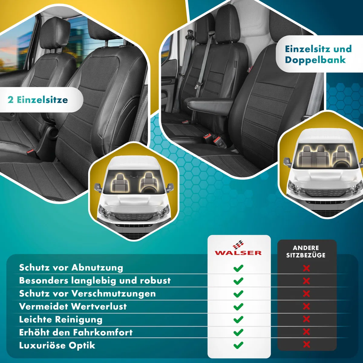 Walser Premium Transporter Sitzbezüge Auto für VW T6 2014-Heute, Einzelsitzbezug Vorne + Doppelbankbezug, Sitzschoner Set für Van