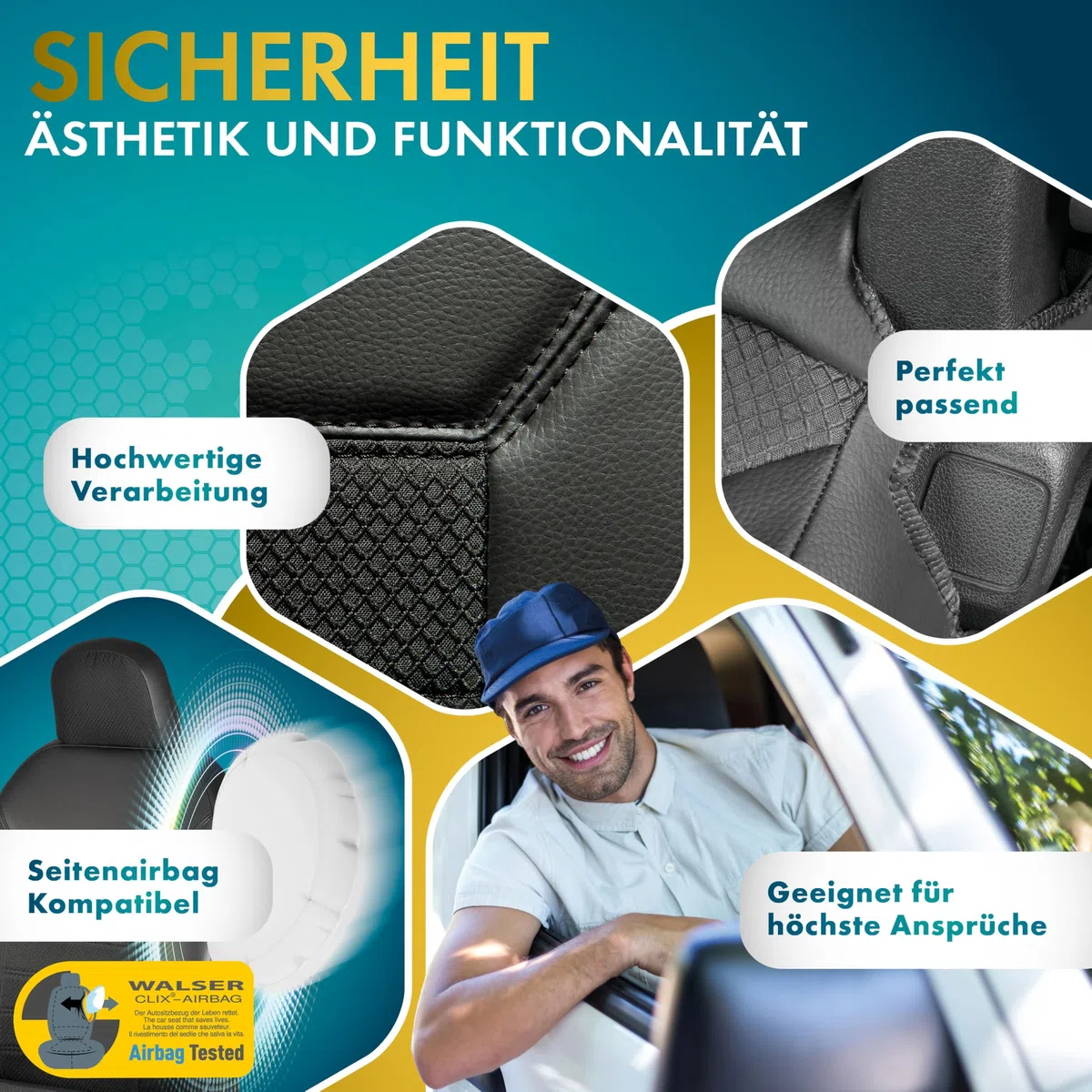 Walser Premium Transporter Sitzbezüge Auto für VW T6 2014-Heute, Einzelsitzbezug Vorne + Doppelbankbezug, Sitzschoner Set für Van