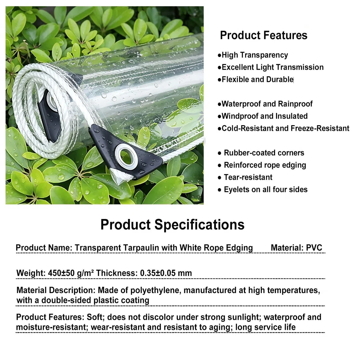 Plane Transparent mit Ösen,PVC Abdeckplane Wasserdicht 0,35mm,450g/m² UV
