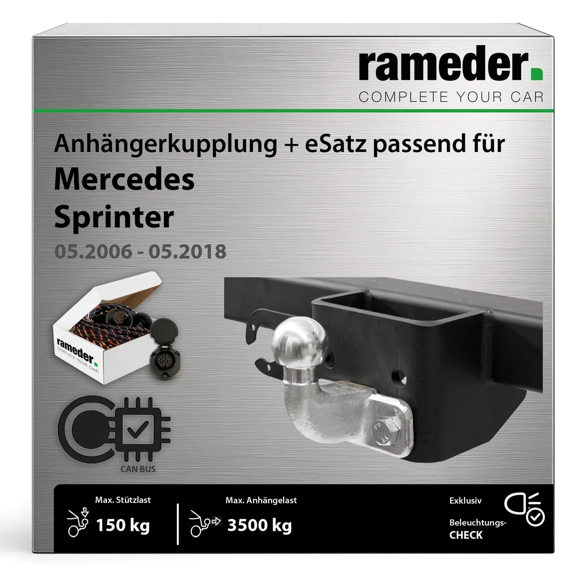 Anhängerkupplung starr G.D.W. passend für Mercedes Sprinter Radstand 3665mm Baujahr: 2006-2018 inkl. 13 poligem spezifischen CAN-Bus Elektrosatz | rameder. Komplettsatz - 50T
