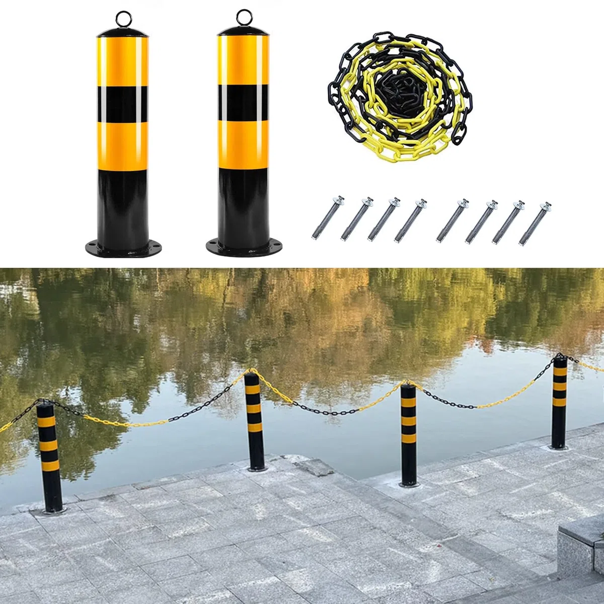 Parkpfosten, 2er-Set Sicherheitsbarriere-Pollerpfosten mit Ketten, schwarzes und gelbes Warnsäulen-Set, robuste Sicherheits-Parkpoller (Platzblockerhöhe)(120cm (47 1/4in) Height)