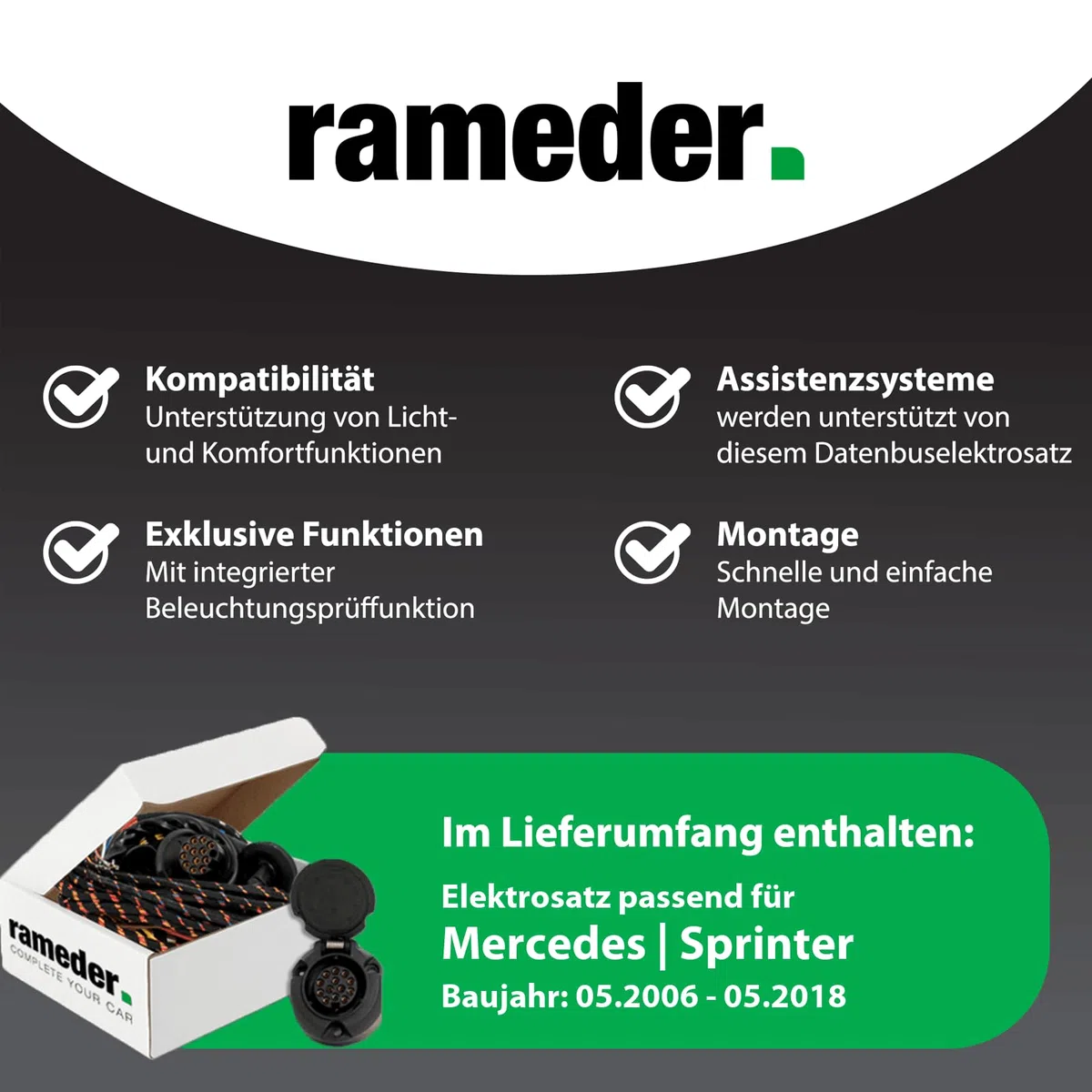 Anhängerkupplung starr G.D.W. passend für Mercedes Sprinter Radstand 3665mm Baujahr: 2006-2018 inkl. 13 poligem spezifischen CAN-Bus Elektrosatz | rameder. Komplettsatz - 50T